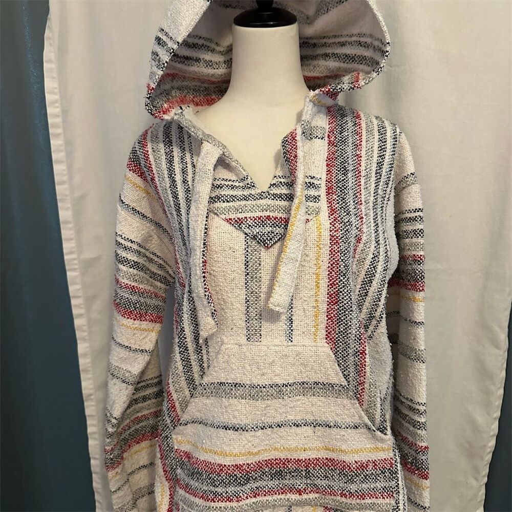Molina Unisex Cream Striped Baja Hoodie Pullover Sweater - Size S